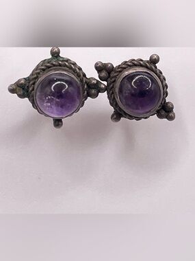Vintage 925 Sterling Silver Amethyst Stud Earrings Tribal Boho